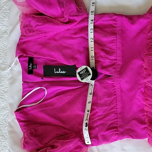Lulus Women's Dramatic Poise Hot Pink Dot Tulle Puff Sleeve Tiered Mini … - Picture 10 of 15